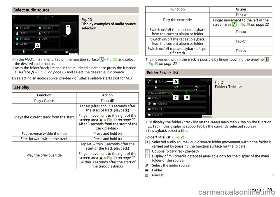 SKODA RAPID 2016 1.G Amundsen Bolero Infotainment System Navigation Manual Select audio sourceFig. 20 
Display examples of audio source
selection
›
In the  Media  main menu, tap on the function surface 
A
» Fig. 20  and select
the desired audio source.
›
or : In the fol
