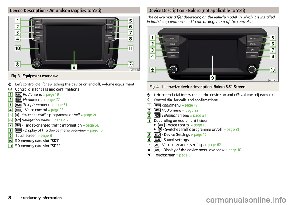 SKODA FABIA 2016 3.G / NJ Amundsen Bolero Infotainment System Navigation Manual Device Description - Amundsen (applies to Yeti)Fig. 3 
Equipment overview
Left control dial for switching the device on and off; volume adjustment
Control dial for calls and confirmations 