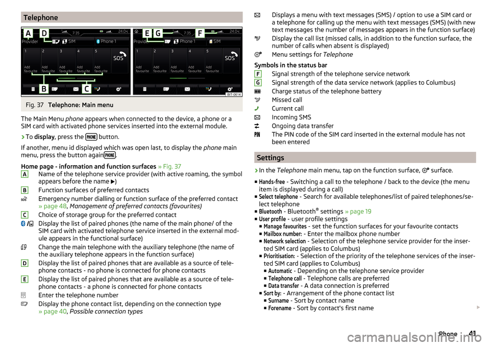 SKODA RAPID 2016 1.G Columbus Amundsen Bolero Infotainment System Navigation Manual TelephoneFig. 37 
Telephone: Main menu
The Main Menu  phone appears when connected to the device, a phone or a
SIM card with activated phone services inserted into the external module.
›
To  display