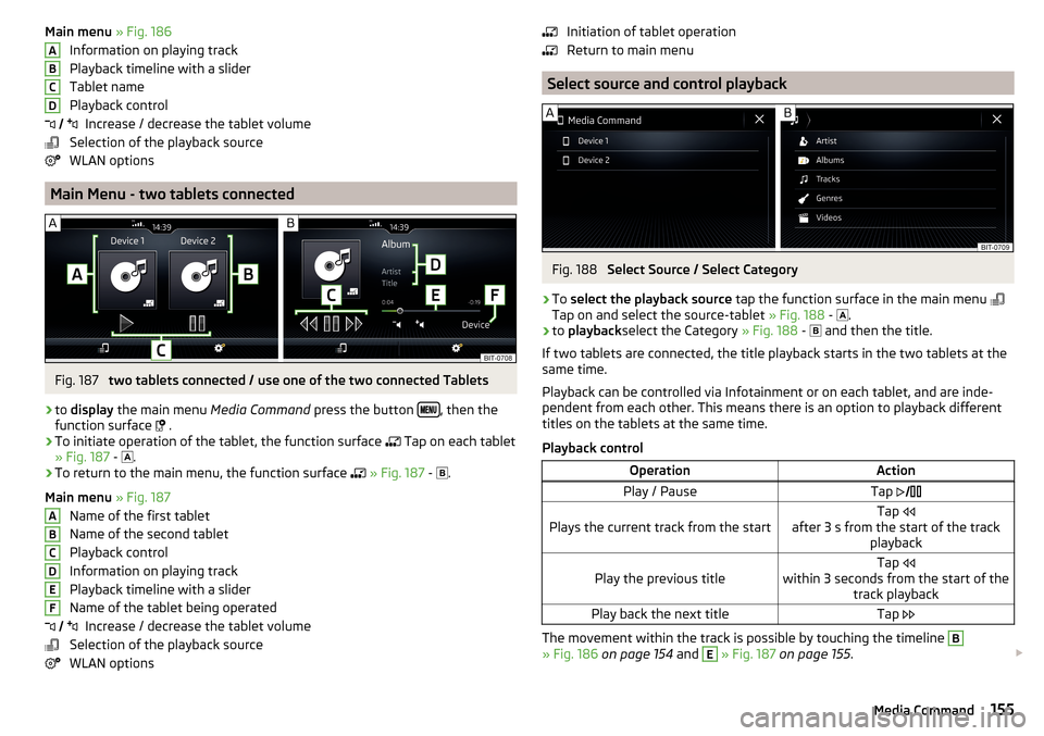 SKODA KODIAQ 2016 1.G Repair Manual Main menu » Fig. 186
Information on playing track
Playback timeline with a slider
Tablet name
Playback control Increase / decrease the tablet volume
Selection of the playback source
WLAN options
Main SKODA KODIAQ 2016 1.G Repair Manual Main menu » Fig. 186
Information on playing track
Playback timeline with a slider
Tablet name
Playback control Increase / decrease the tablet volume
Selection of the playback source
WLAN options
Main