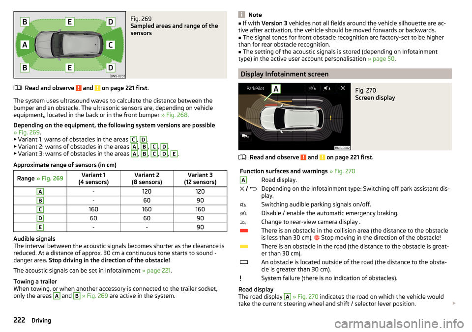 SKODA KODIAQ 2016 1.G Owners Manual Fig. 269 
Sampled areas and range of the
sensors
Read and observe  and  on page 221 first.
The system uses ultrasound waves to calculate the distance between the
bumper and an obstacle. The ultrasonic