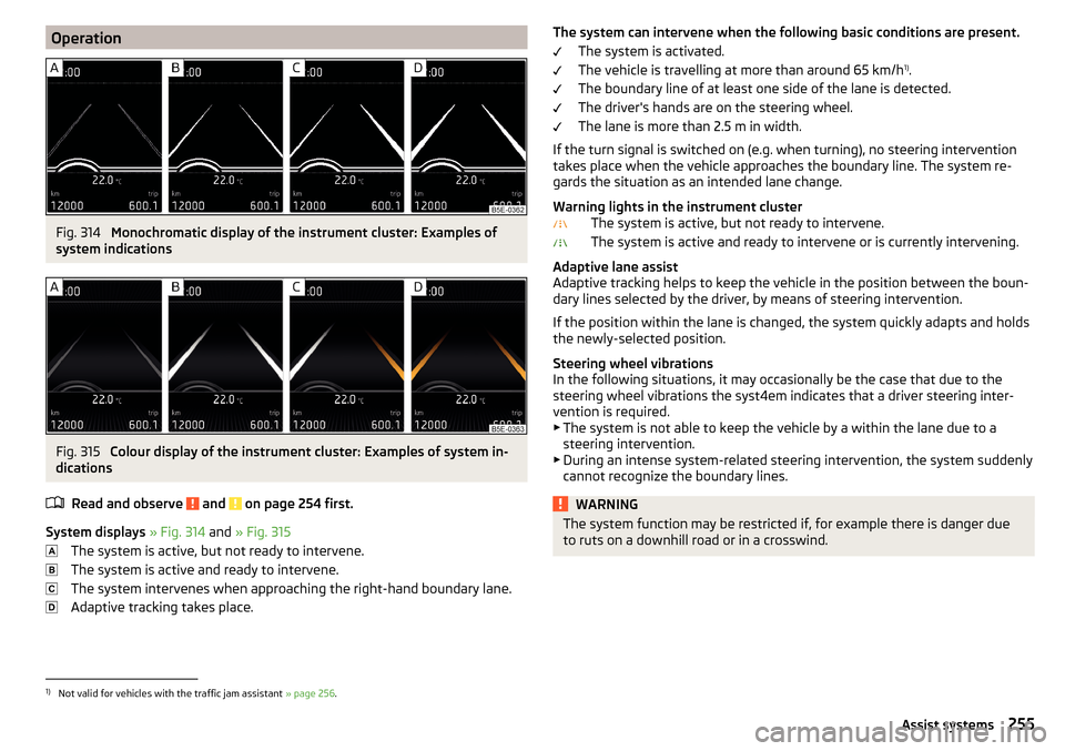 SKODA KODIAQ 2016 1.G Owners Manual OperationFig. 314 
Monochromatic display of the instrument cluster: Examples of
system indications
Fig. 315 
Colour display of the instrument cluster: Examples of system in-
dications
Read and observe