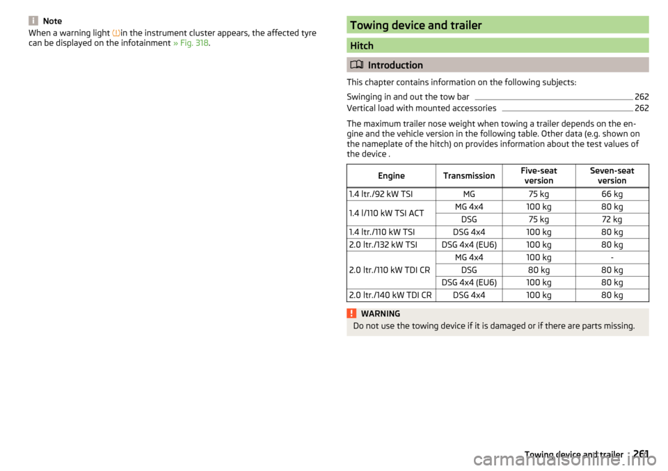 SKODA KODIAQ 2016 1.G Owners Manual NoteWhen a warning light in the instrument cluster appears, the affected tyre
can be displayed on the infotainment  » Fig. 318.Towing device and trailer
Hitch
Introduction
This chapter contains