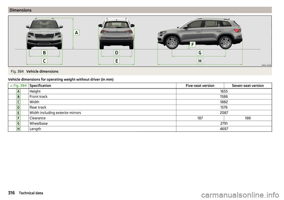 SKODA KODIAQ 2016 1.G Owners Manual DimensionsFig. 384
Vehicle dimensions
Vehicle dimensions for operating weight without driver (in mm)
» Fig. 384SpecificationFive-seat versionSeven-seat versionAHeight1655BFront track1586CWidth1882DR SKODA KODIAQ 2016 1.G Owners Manual DimensionsFig. 384
Vehicle dimensions
Vehicle dimensions for operating weight without driver (in mm)
» Fig. 384SpecificationFive-seat versionSeven-seat versionAHeight1655BFront track1586CWidth1882DR