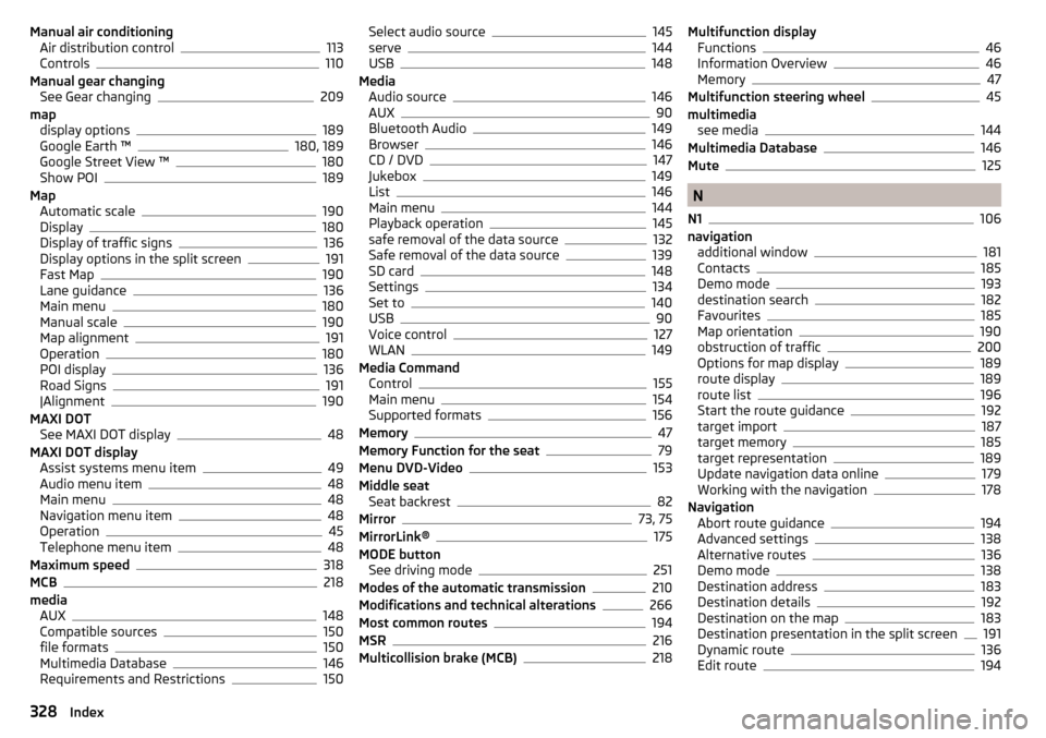 SKODA KODIAQ 2016 1.G Owners Manual Manual air conditioningAir distribution control113
Controls110
Manual gear changing See Gear changing
209
map display options
189
Google Earth ™180, 189
Google Street View ™180
Show POI189
Map Aut