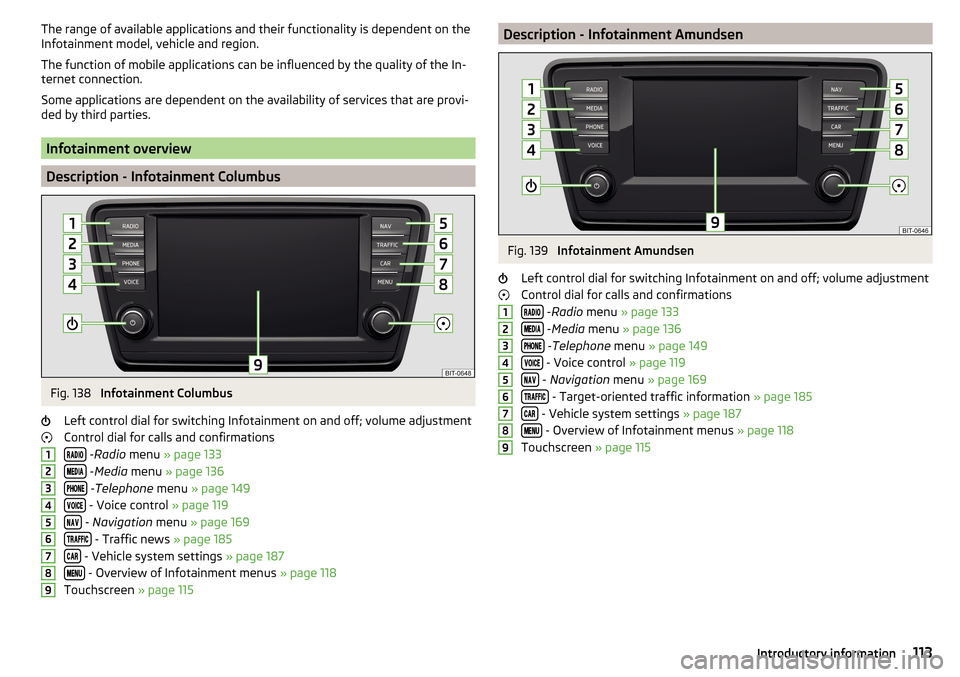 SKODA OCTAVIA 2016 3.G / (5E) Owners Manual The range of available applications and their functionality is dependent on the
Infotainment model, vehicle and region.
The function of mobile applications can be influenced by the quality of the In- 