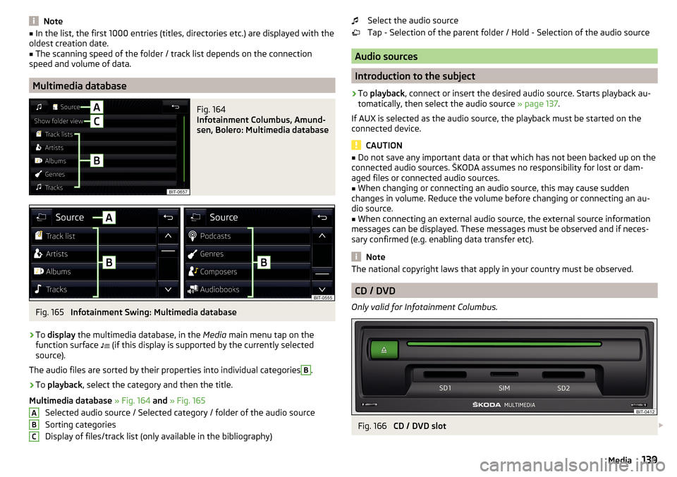 SKODA OCTAVIA 2016 3.G / (5E) Owners Manual Note■In the list, the first 1000 entries (titles, directories etc.) are displayed with the
oldest creation date.■
The scanning speed of the folder / track list depends on the connection
speed and SKODA OCTAVIA 2016 3.G / (5E) Owners Manual Note■In the list, the first 1000 entries (titles, directories etc.) are displayed with the
oldest creation date.■
The scanning speed of the folder / track list depends on the connection
speed and