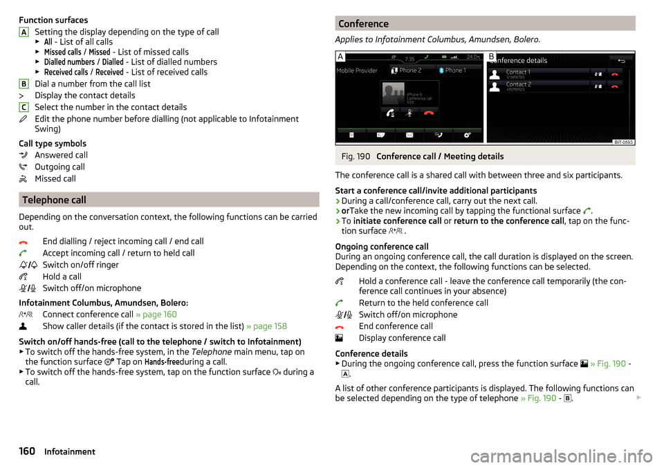 SKODA OCTAVIA 2016 3.G / (5E) Owners Manual Function surfacesSetting the display depending on the type of call▶All
- List of all calls
▶
Missed calls
/
Missed
- List of missed calls
▶
Dialled numbers
/
Dialled
- List of dialled num SKODA OCTAVIA 2016 3.G / (5E) Owners Manual Function surfacesSetting the display depending on the type of call▶All
- List of all calls
▶
Missed calls
/
Missed
- List of missed calls
▶
Dialled numbers
/
Dialled
- List of dialled num