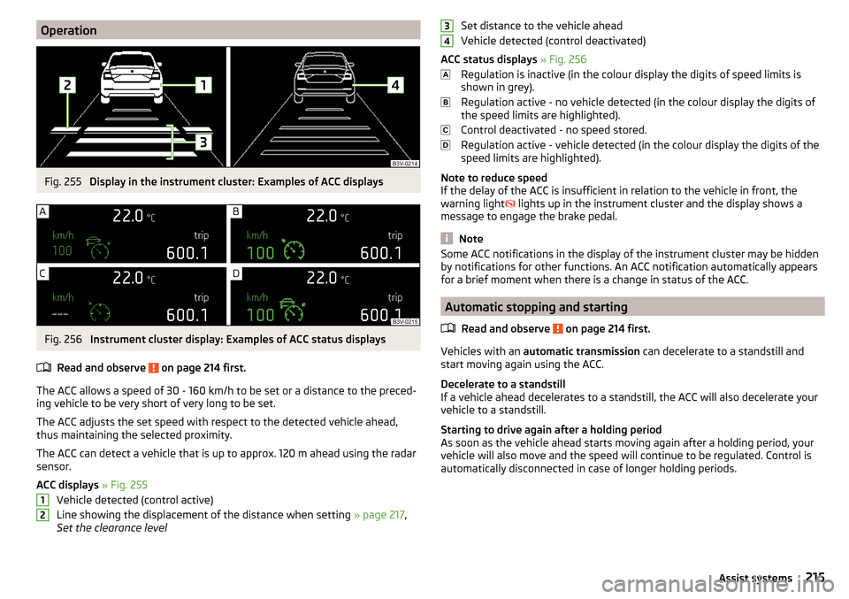 SKODA OCTAVIA 2016 3.G / (5E) Owners Manual OperationFig. 255 
Display in the instrument cluster: Examples of ACC displays
Fig. 256 
Instrument cluster display: Examples of ACC status displays
Read and observe 
 on page 214 first.
The ACC allow