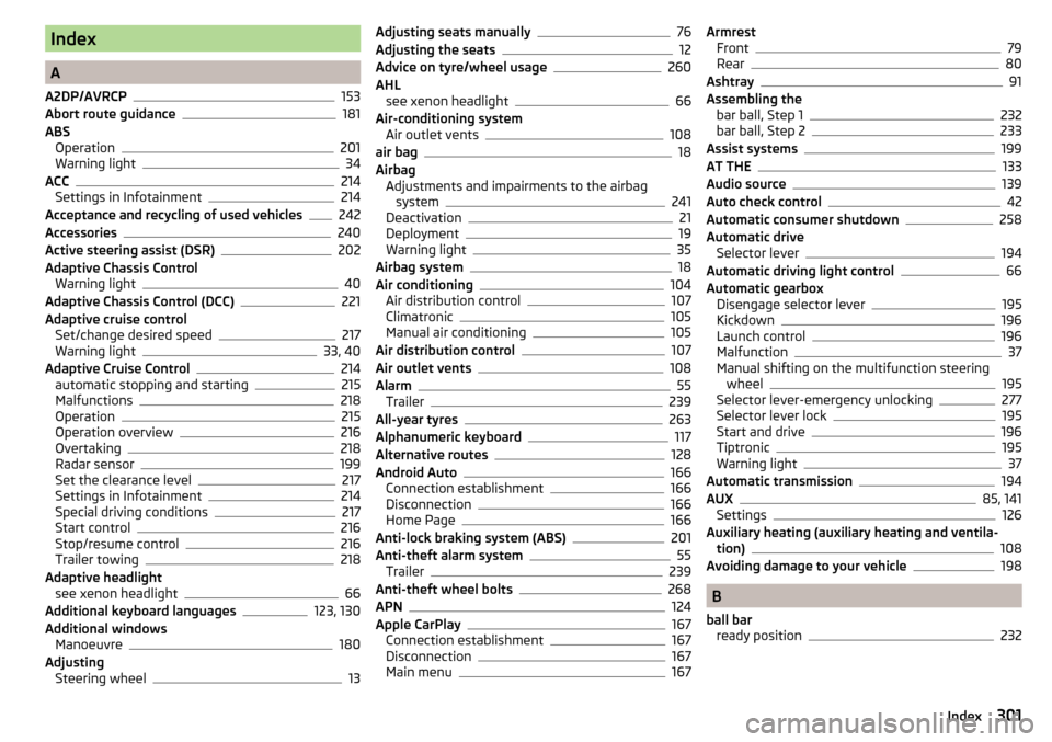 SKODA OCTAVIA 2016 3.G / (5E) Owners Manual Index
A
A2DP/AVRCP
153
Abort route guidance181
ABS Operation
201
Warning light34
ACC214
Settings in Infotainment214
Acceptance and recycling of used vehicles242
Accessories240
Active steering assist (