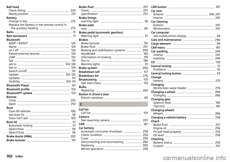 SKODA OCTAVIA 2016 3.G / (5E) Owners Manual Ball headCheck fitting233
Ready position231
Battery Change in key
275
Replace the battery in the remote control in the auxiliary heating
275
Belts15
Belt tensioners17
Bluetooth A2DP / AVRCP
124
Name12