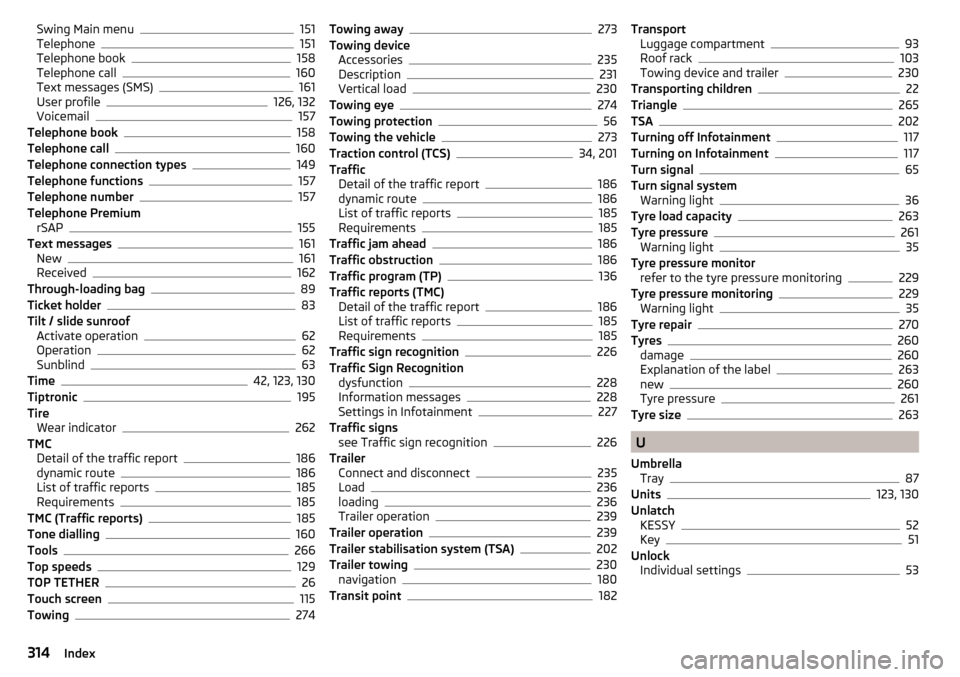 SKODA OCTAVIA 2016 3.G / (5E) Owners Manual Swing Main menu151
Telephone151
Telephone book158
Telephone call160
Text messages (SMS)161
User profile126, 132
Voicemail157
Telephone book158
Telephone call160
Telephone connection types149
Telephone