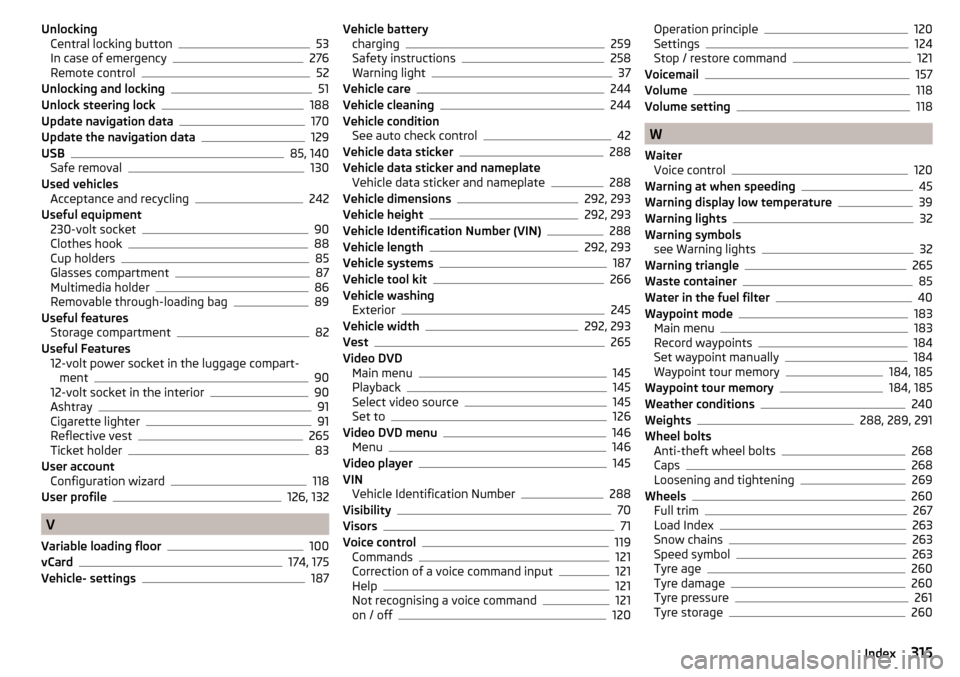 SKODA OCTAVIA 2016 3.G / (5E) Owners Manual UnlockingCentral locking button53
In case of emergency276
Remote control52
Unlocking and locking51
Unlock steering lock188
Update navigation data170
Update the navigation data129
USB85, 140
Safe remov