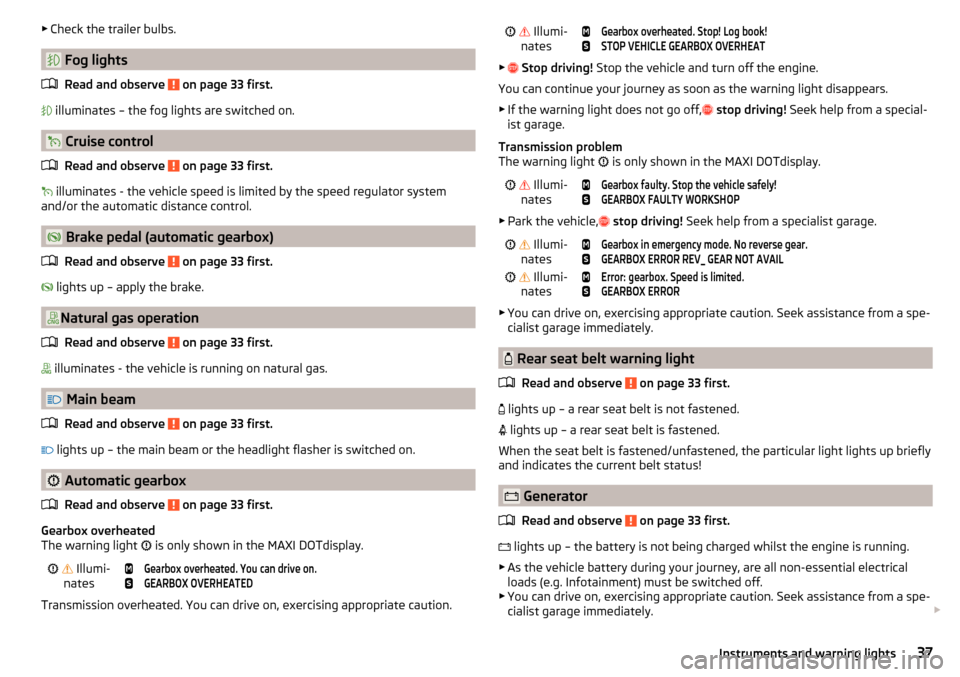 SKODA OCTAVIA 2016 3.G / (5E) Owners Manual ▶Check the trailer bulbs.
 Fog lights
Read and observe 
 on page 33 first.
  illuminates – the fog lights are switched on.
 Cruise control
Read and observe 
 on page 33 first.
  illumi