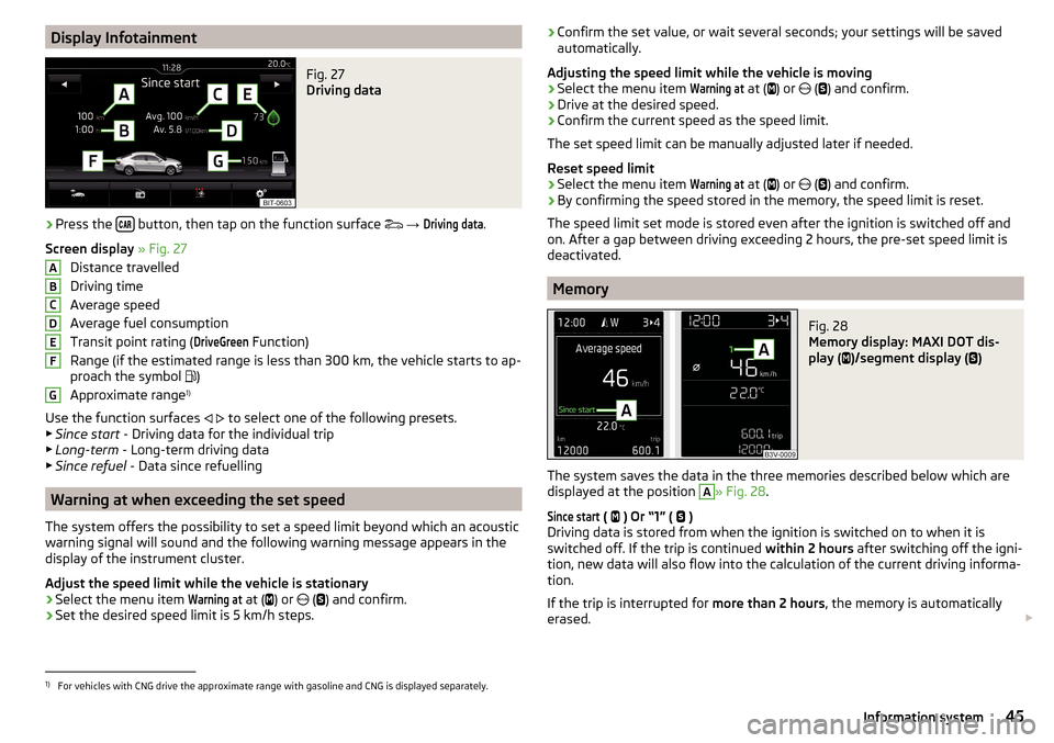 SKODA OCTAVIA 2016 3.G / (5E) Owners Manual Display InfotainmentFig. 27 
Driving data
›
Press the  button, then tap on the function surface 
 
→ 
Driving data
.
Screen display  » Fig. 27
Distance travelled
Driving time
Average 