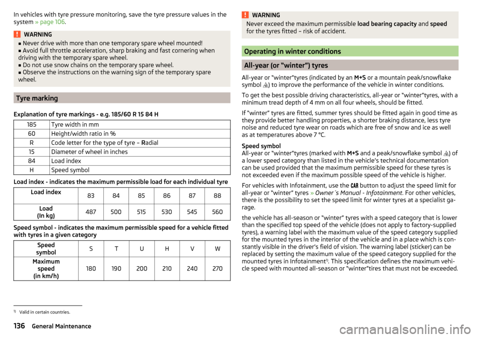 SKODA RAPID 2016 1.G Owners Manual In vehicles with tyre pressure monitoring, save the tyre pressure values in the
system  » page 106 .WARNING■
Never drive with more than one temporary spare wheel mounted!■Avoid full throttle acce