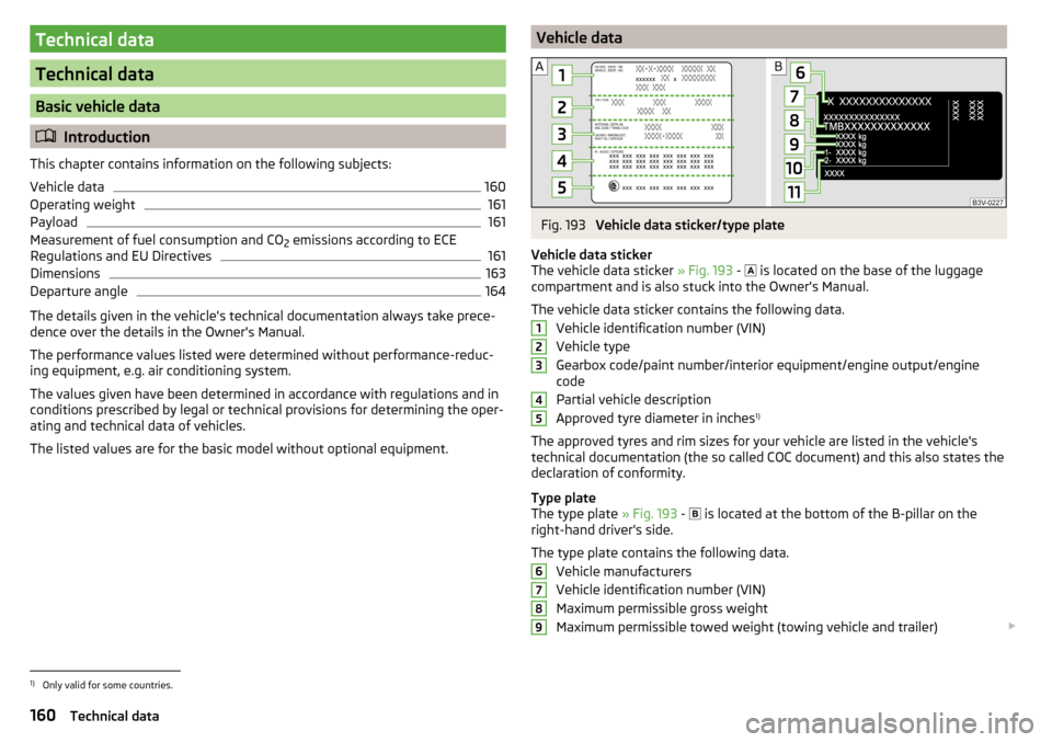 SKODA RAPID 2016 1.G Owners Manual Technical data
Technical data
Basic vehicle data
Introduction
This chapter contains information on the following subjects:
Vehicle data
160
Operating weight
161
Payload
161
Measurement of fuel cons