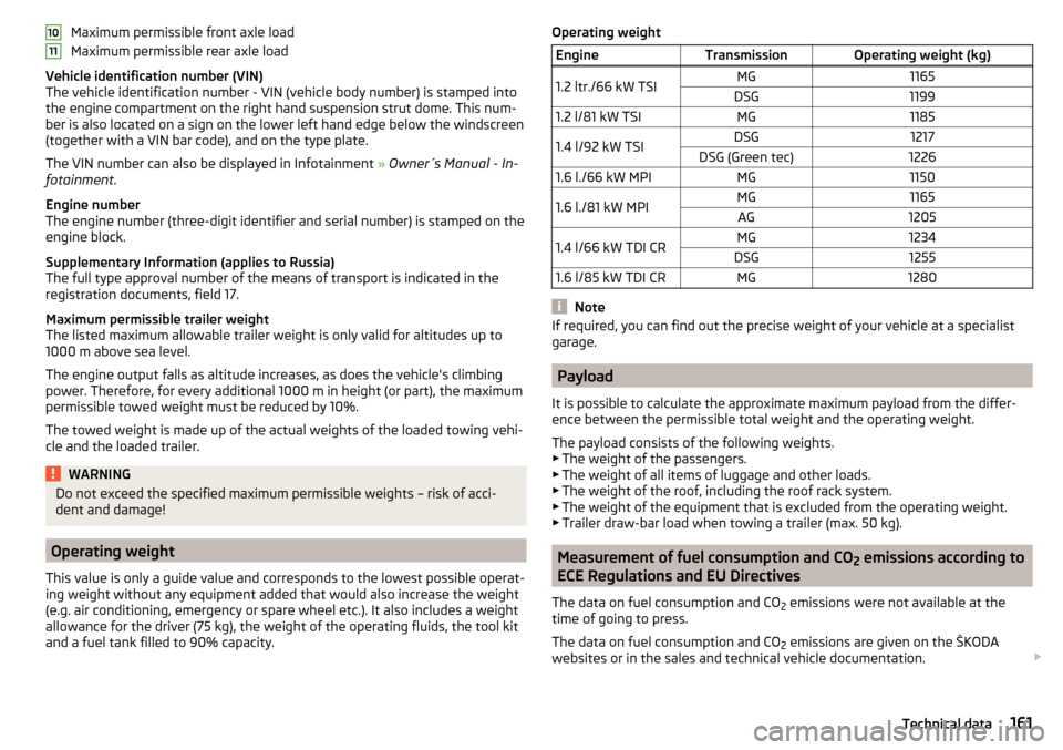 SKODA RAPID 2016 1.G Owners Manual Maximum permissible front axle load
Maximum permissible rear axle load
Vehicle identification number (VIN)
The vehicle identification number - VIN (vehicle body number) is stamped into
the engine comp