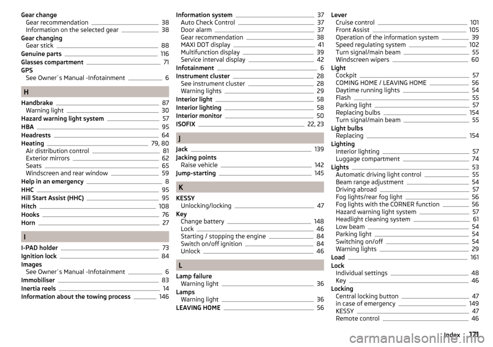 SKODA RAPID 2016 1.G Owners Manual Gear changeGear recommendation38
Information on the selected gear38
Gear changing Gear stick
88
Genuine parts116
Glasses compartment71
GPS See Owner´s Manual -Infotainment
6
H
Handbrake
87
Warning li