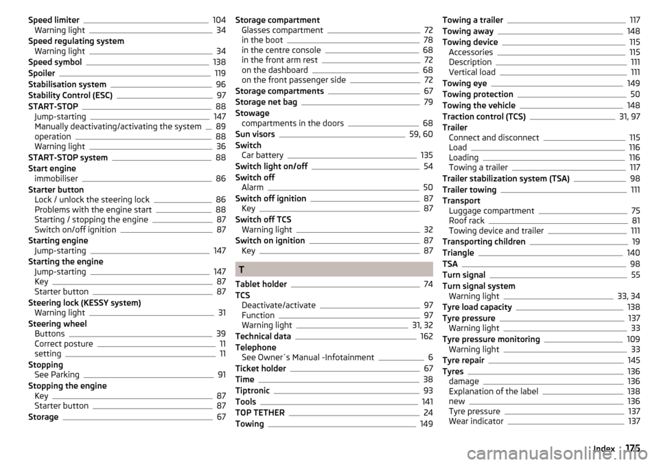 SKODA RAPID SPACEBACK 2016 1.G Owners Manual Speed limiter104
Warning light34
Speed regulating system Warning light
34
Speed symbol138
Spoiler119
Stabilisation system96
Stability Control (ESC)97
START-STOP88
Jump-starting147
Manually deactivatin