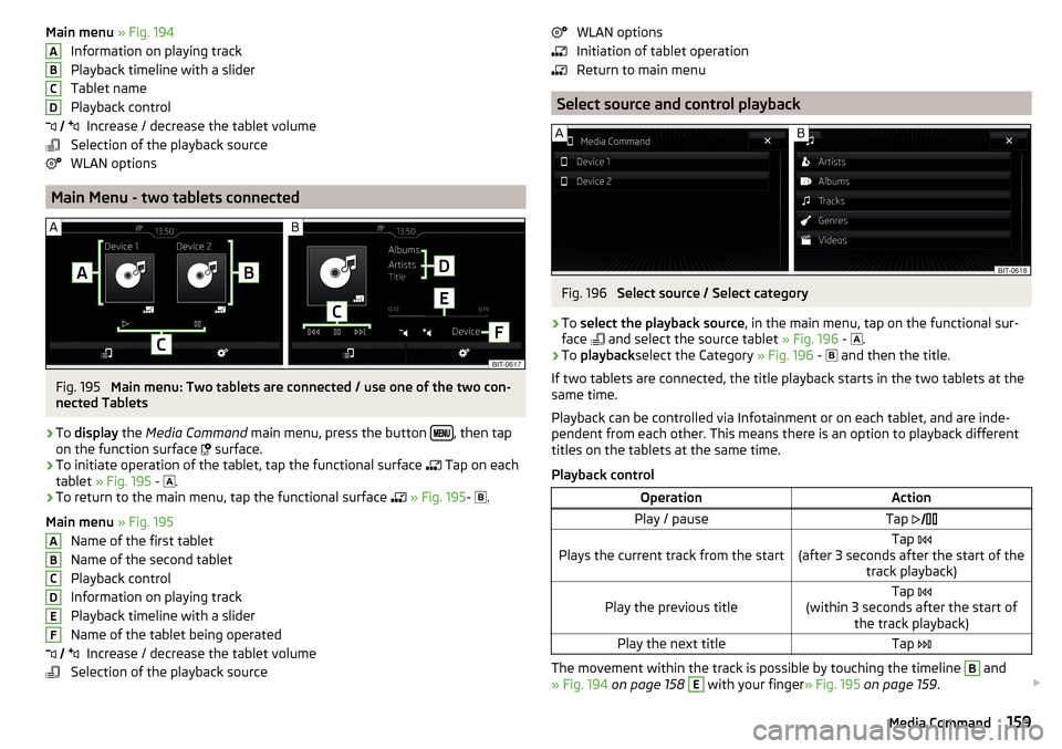 SKODA SUPERB 2016 3.G / (B8/3V) Owners Manual Main menu » Fig. 194
Information on playing track
Playback timeline with a slider
Tablet name
Playback control Increase / decrease the tablet volume
Selection of the playback source
WLAN options
Main SKODA SUPERB 2016 3.G / (B8/3V) Owners Manual Main menu » Fig. 194
Information on playing track
Playback timeline with a slider
Tablet name
Playback control Increase / decrease the tablet volume
Selection of the playback source
WLAN options
Main