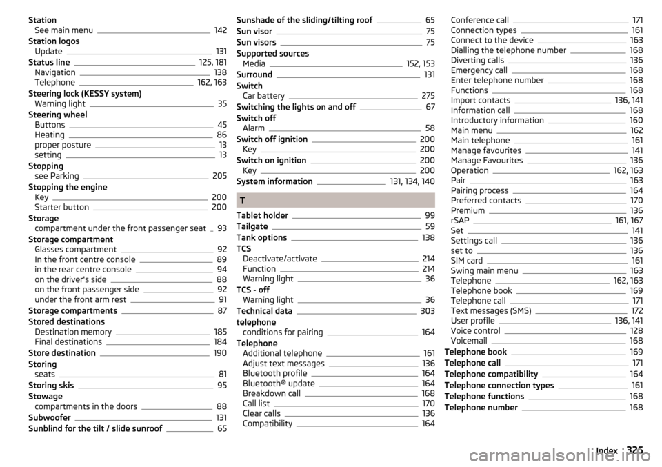 SKODA SUPERB 2016 3.G / (B8/3V) Workshop Manual StationSee main menu142
Station logos Update
131
Status line125, 181
Navigation138
Telephone162, 163
Steering lock (KESSY system) Warning light
35
Steering wheel Buttons
45
Heating86
proper posture13
