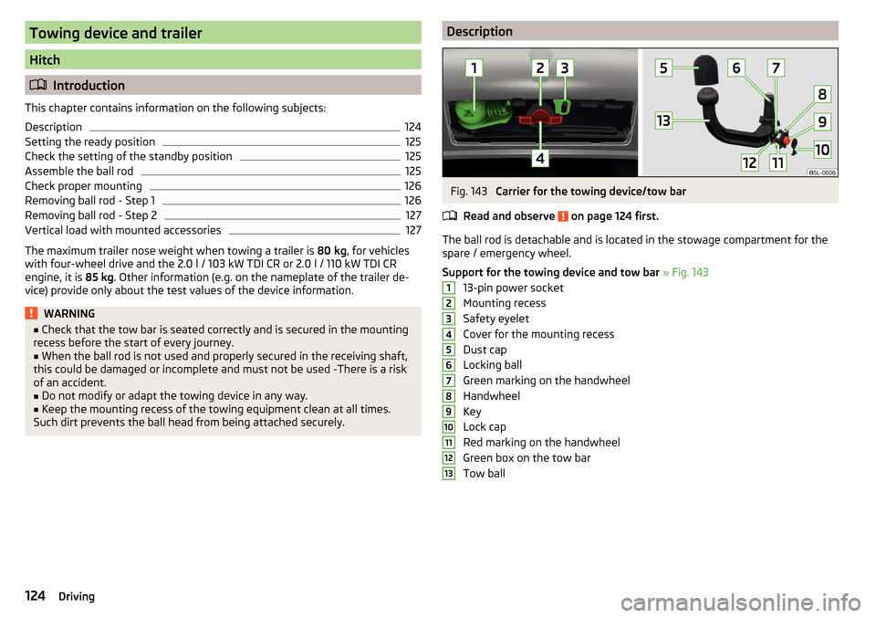 SKODA YETI 2016 1.G / 5L User Guide Towing device and trailer
Hitch
Introduction
This chapter contains information on the following subjects:
Description
124
Setting the ready position
125
Check the setting of the standby position
12 SKODA YETI 2016 1.G / 5L User Guide Towing device and trailer
Hitch
Introduction
This chapter contains information on the following subjects:
Description
124
Setting the ready position
125
Check the setting of the standby position
12