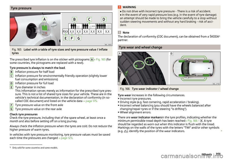 SKODA YETI 2016 1.G / 5L Owners Manual Tyre pressureFig. 165
Label with a table of tyre sizes and tyre pressure value / inflate
tyres
The prescribed tyre inflation is on the sticker with pictograms
A
» Fig. 165 (for
some countries, the SKODA YETI 2016 1.G / 5L Owners Manual Tyre pressureFig. 165
Label with a table of tyre sizes and tyre pressure value / inflate
tyres
The prescribed tyre inflation is on the sticker with pictograms
A
» Fig. 165 (for
some countries, the