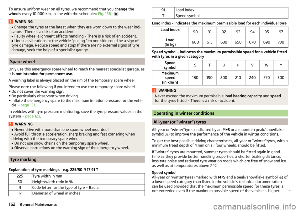 SKODA YETI 2016 1.G / 5L Owners Manual To ensure uniform wear on all tyres, we recommend that you change the
wheels every 10 000 km, in line with the schedule » Fig. 166 - .WARNING■
Change the tyres at the latest when they are worn SKODA YETI 2016 1.G / 5L Owners Manual To ensure uniform wear on all tyres, we recommend that you change the
wheels every 10 000 km, in line with the schedule » Fig. 166 - .WARNING■
Change the tyres at the latest when they are worn