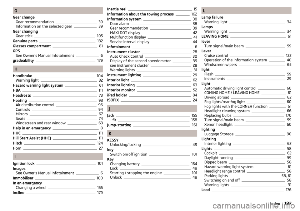 SKODA YETI 2016 1.G / 5L Owners Guide G
Gear change Gear recommendation
39
Information on the selected gear39
Gear changing Gear stick
105
Genuine parts132
Glasses compartment81
GPS See Owners Manual Infotainment
6
gradeability179
H
Hand SKODA YETI 2016 1.G / 5L Owners Guide G
Gear change Gear recommendation
39
Information on the selected gear39
Gear changing Gear stick
105
Genuine parts132
Glasses compartment81
GPS See Owners Manual Infotainment
6
gradeability179
H
Hand