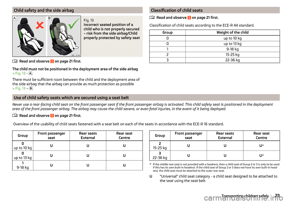 SKODA YETI 2016 1.G / 5L Owners Guide Child safety and the side airbagFig. 13 
Incorrect seated position of a
child who is not properly secured
– risk from the side airbag/Child
properly protected by safety seat
Read and observe  on pag