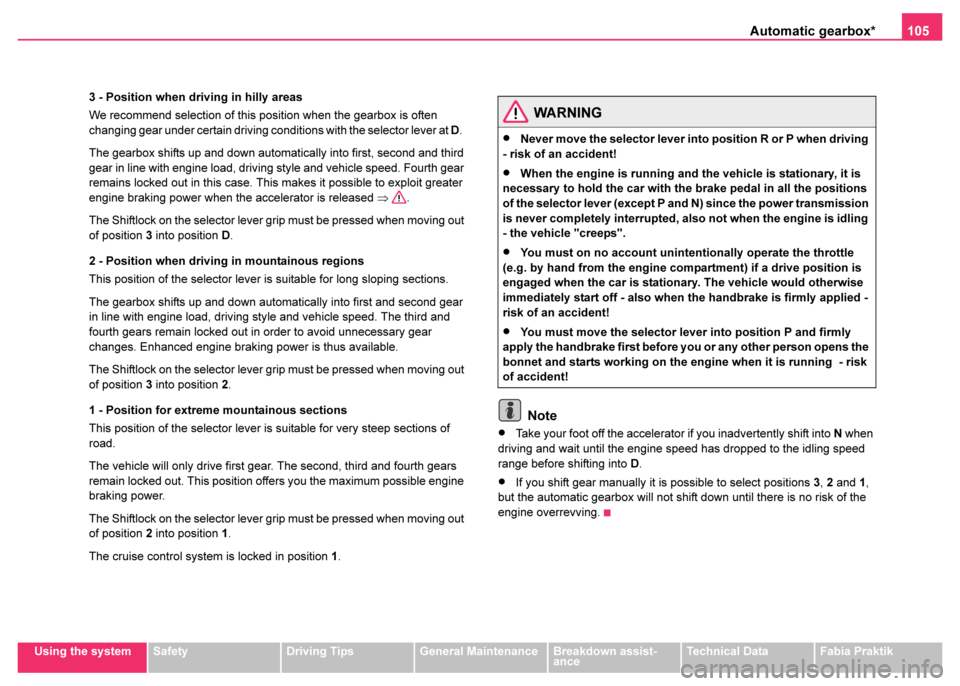 SKODA FABIA 2003 1.G / 6Y Owners Guide Automatic gearbox*105
Using the systemSafetyDriving TipsGeneral MaintenanceBreakdown assist-
anceTechnical DataFabia Praktik
3 - Position when driving in hilly areas
We recommend selection of this pos