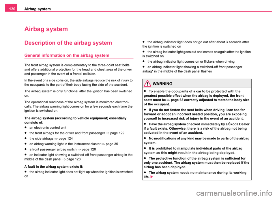 SKODA FABIA 2003 1.G / 6Y Owners Manual Airbag system
120
Airbag system
Description of the airbag system
General information on the airbag system 
The front airbag system is complementary to the three-point seat belts 
and offers additional