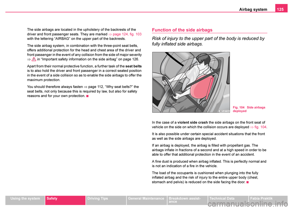 SKODA FABIA 2003 1.G / 6Y Owners Manual Airbag system125
Using the systemSafetyDriving TipsGeneral MaintenanceBreakdown assist-
anceTechnical DataFabia Praktik
The side airbags are located in the upholstery of the backrests of the 
driver a