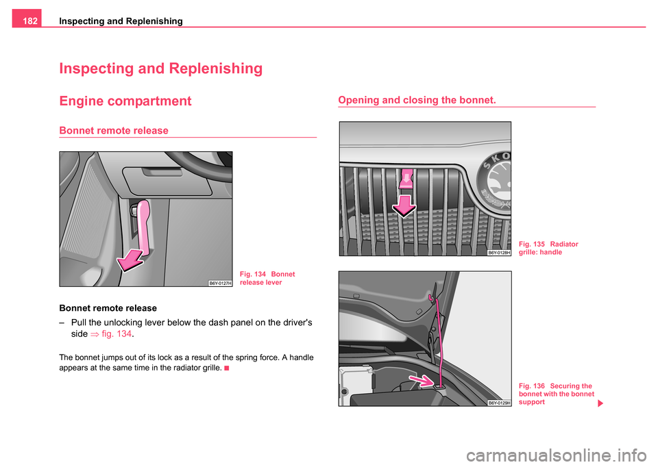 SKODA FABIA 2004 1.G / 6Y Owners Manual Inspecting and Replenishing
182
Inspecting and Replenishing
Engine compartment
Bonnet remote release
Bonnet remote release
– Pull the unlocking lever below the dash panel on the drivers 
side  ⇒f