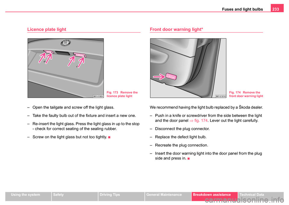 SKODA FABIA 2004 1.G / 6Y User Guide Fuses and light bulbs233
Using the systemSafetyDriving TipsGeneral MaintenanceBreakdown assistanceTechnical Data
Licence plate light
– Open the tailgate and screw off the light glass.
– Take the f