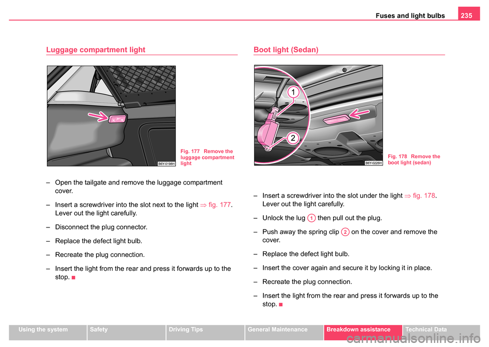 SKODA FABIA 2004 1.G / 6Y User Guide Fuses and light bulbs235
Using the systemSafetyDriving TipsGeneral MaintenanceBreakdown assistanceTechnical Data
Luggage compartment light
– Open the tailgate and remove the luggage compartment 
cov