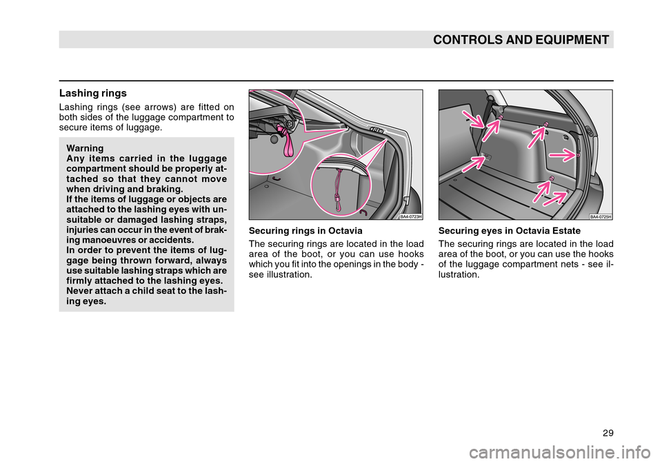 SKODA OCTAVIA TOUR 2004 1.G / (1U) Owners Guide 29
CONTROLS AND EQUIPMENT
Lashing ringsLashing rings (see arrows) are fitted on
both sides of the luggage compartment to
secure items of luggage.Warning
Any items carried in the luggage
compartment sh