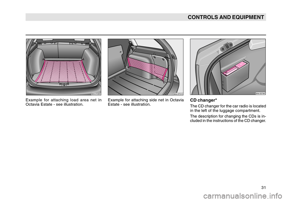 SKODA OCTAVIA TOUR 2004 1.G / (1U) Owners Guide 31
CONTROLS AND EQUIPMENT
Example for attaching load area net in
Octavia Estate - see illustration.Example for attaching side net in Octavia
Estate - see illustration.
CD changer*The CD changer for th