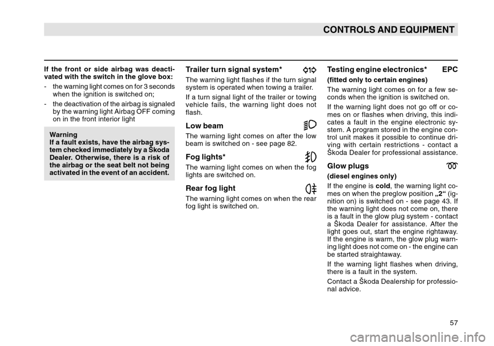 SKODA OCTAVIA TOUR 2004 1.G / (1U) Owners Manual 57
CONTROLS AND EQUIPMENT
If the front or side airbag was deacti-
vated with the switch in the glove box:
- the warning light comes on for 3 secondswhen the ignition is switched on;
- the deactivation