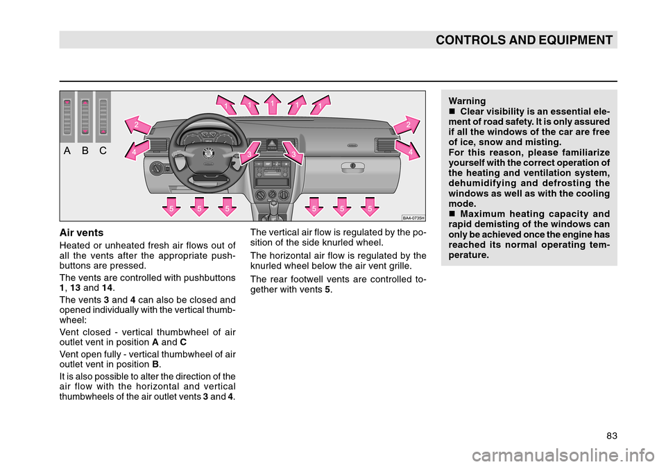 SKODA OCTAVIA TOUR 2004 1.G / (1U) User Guide 83
CONTROLS AND EQUIPMENT
Air ventsHeated or unheated fresh air flows out of
all the vents after the appropriate push-
buttons are pressed.
The vents are controlled with pushbuttons
1, 13  and  14.
Th