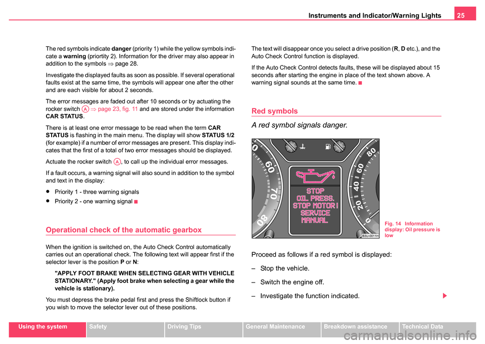 SKODA SUPERB 2004 1.G / (B5/3U) Owners Manual Instruments and Indicator/Warning Lights25
Using the systemSafetyDriving TipsGeneral MaintenanceBreakdown assistanceTechnical Data
The red symbols indicate 
danger (priority 1) while the yellow symbol