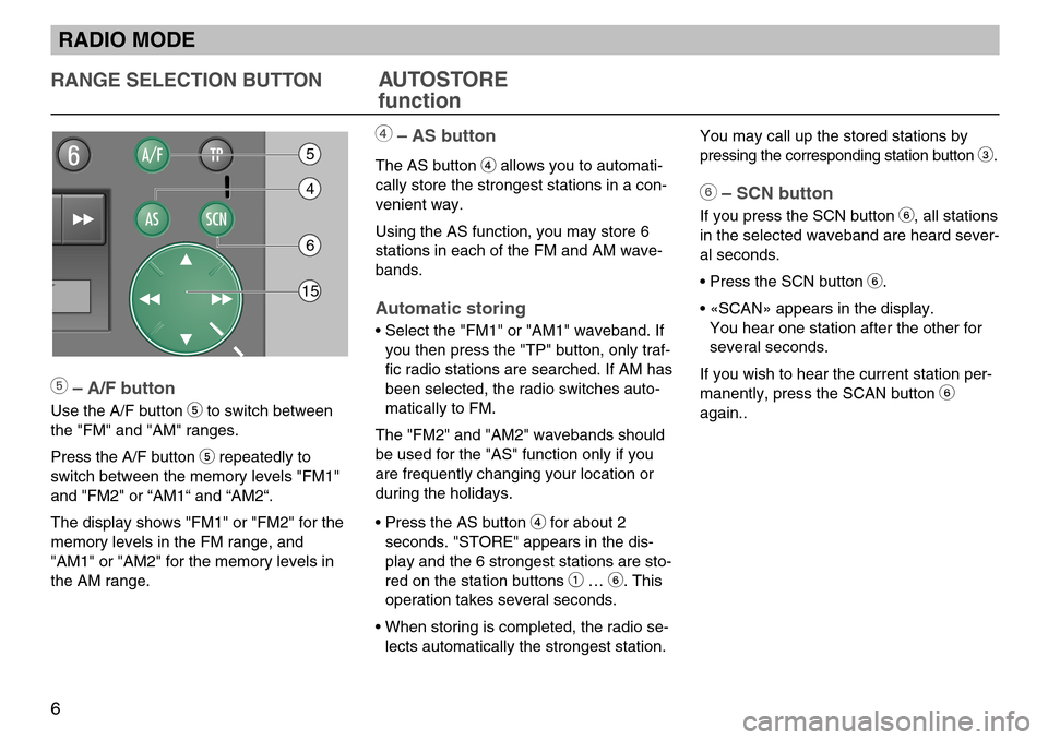 SKODA FABIA 2005 1.G / 6Y MS402 Car Radio Manual You may call up the stored stations by
pressing the corresponding station button 3.
6– SCN button
If you press the SCN button 6, all stations
in the selected waveband are heard sever-
al seconds.
�