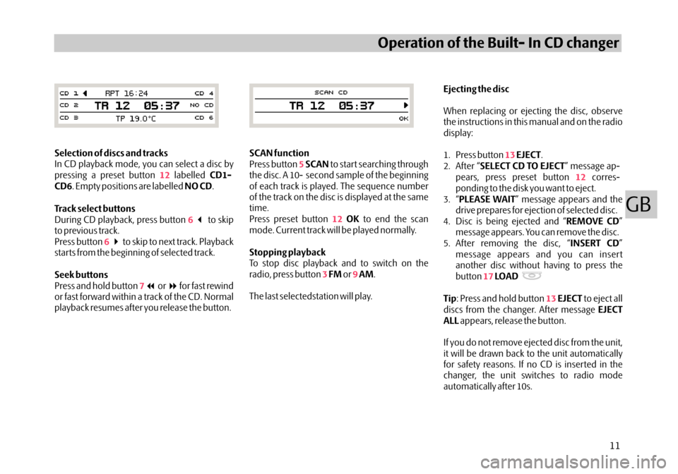 SKODA OCTAVIA 2005 1.G / (1U) Audience Car Radio Manual Ejecting the discEJECT
SELECT CD TO EJECT
PLEASE WAIT REMOVE CDINSERT CD
LOA D
Tip EJECT
EJECT
ALL When replacing or ejecting the disc, observe
the instructions in this manual and on the radio
display