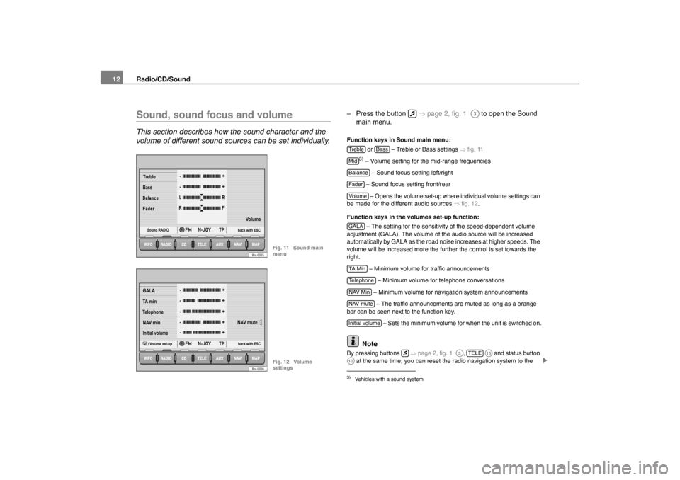 SKODA OCTAVIA 2005 1.G / (1U) Nexus Navigation System Manual Radio/CD/Sound
12Sound, sound focus and volumeThis section describes how the sound character and the 
volume of different sound sources can be set individually.
– Press the button    �Ÿpage 2, fig.