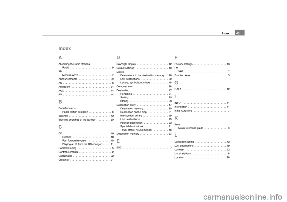 SKODA OCTAVIA 2005 1.G / (1U) Nexus Navigation System Manual Index45
Index
AAllocating the radio stations
Radio  . . . . . . . . . . . . . . . . . . . . . . . . . . . . . 9
AM Medium wave . . . . . . . . . . . . . . . . . . . . . . . 7
Announcements  . . . . . 
