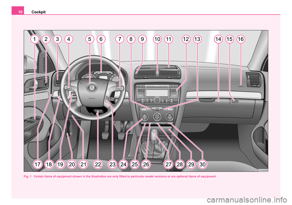 SKODA OCTAVIA 2005 1.G / (1U) User Guide Cockpit
10
Fig. 1 Certain items of equipment shown in the illustration are only fitted to particular model versions or are optional items of equipment.
s24s.book Page 10 Thursday, November 24, 200 SKODA OCTAVIA 2005 1.G / (1U) User Guide Cockpit
10
Fig. 1 Certain items of equipment shown in the illustration are only fitted to particular model versions or are optional items of equipment.
s24s.book Page 10 Thursday, November 24, 200