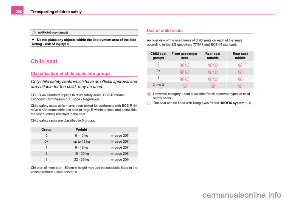 SKODA OCTAVIA 2005 1.G / (1U) Owners Manual Transporting children safely
206
•Do not place any objects within the deployment area of the side
airbag - risk of injury!
Child seat
Classification of child seats into groups
Only child safety sea SKODA OCTAVIA 2005 1.G / (1U) Owners Manual Transporting children safely
206
•Do not place any objects within the deployment area of the side
airbag - risk of injury!
Child seat
Classification of child seats into groups
Only child safety sea