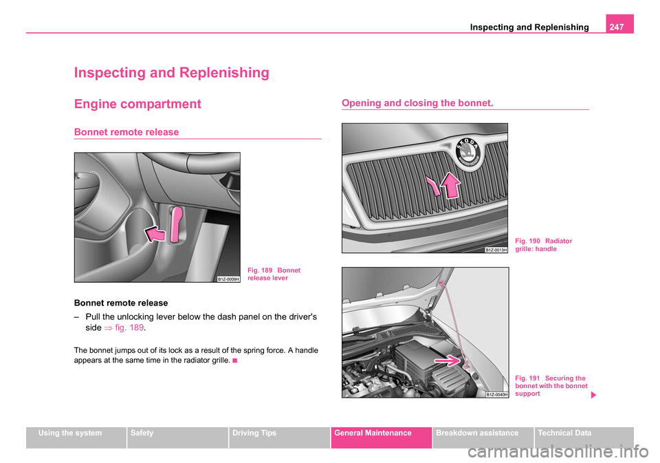 SKODA OCTAVIA 2005 1.G / (1U) Owners Manual Inspecting and Replenishing247
Using the systemSafetyDriving TipsGeneral MaintenanceBreakdown assistanceTechnical Data
Inspecting and Replenishing
Engine compartment
Bonnet remote release
Bonnet remot