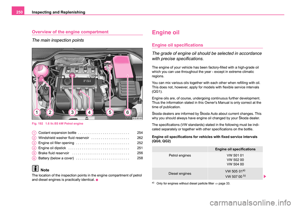 SKODA OCTAVIA 2005 1.G / (1U) Owners Manual Inspecting and Replenishing
250
Overview of the en gine compartment
The main inspection points
Fig. 192  1.6 ltr./85 kW Petrol engine
Coolant expansion bottle . . . . . . . . . . . . . . . . . . . . .